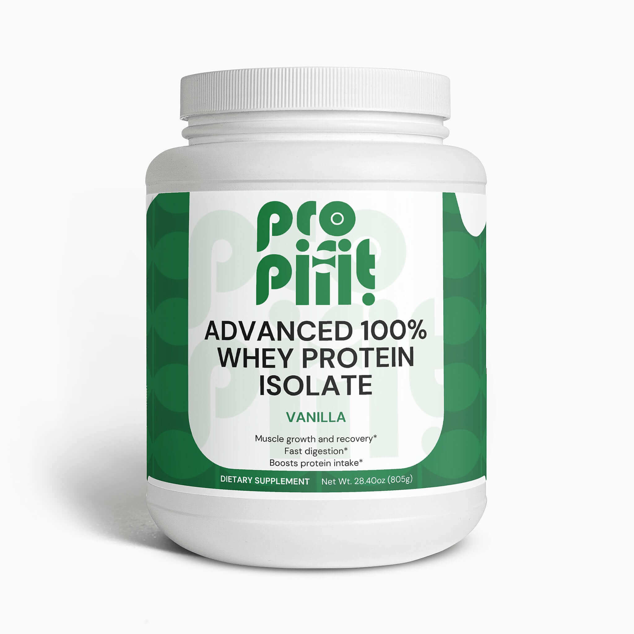 Advanced 100% Whey Protein Isolate in Vanilla flavor, designed for muscle growth and recovery with high protein purity.