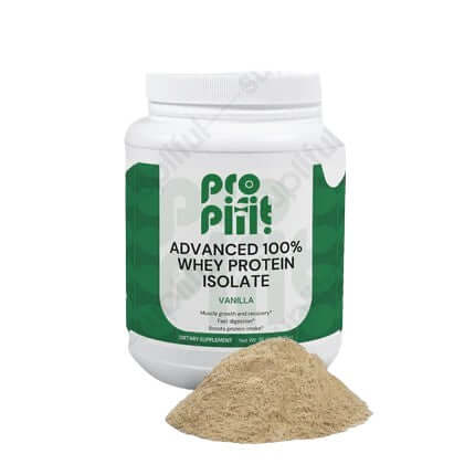 ProFit Advanced 100% Whey Protein Isolate in Vanilla flavor, emphasizing purity and a healthy lifestyle.