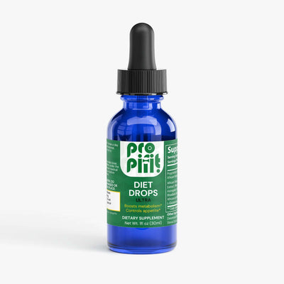 Diet Drops Ultra 1 oz dietary supplement in a blue dropper bottle, promoting metabolism and appetite control.