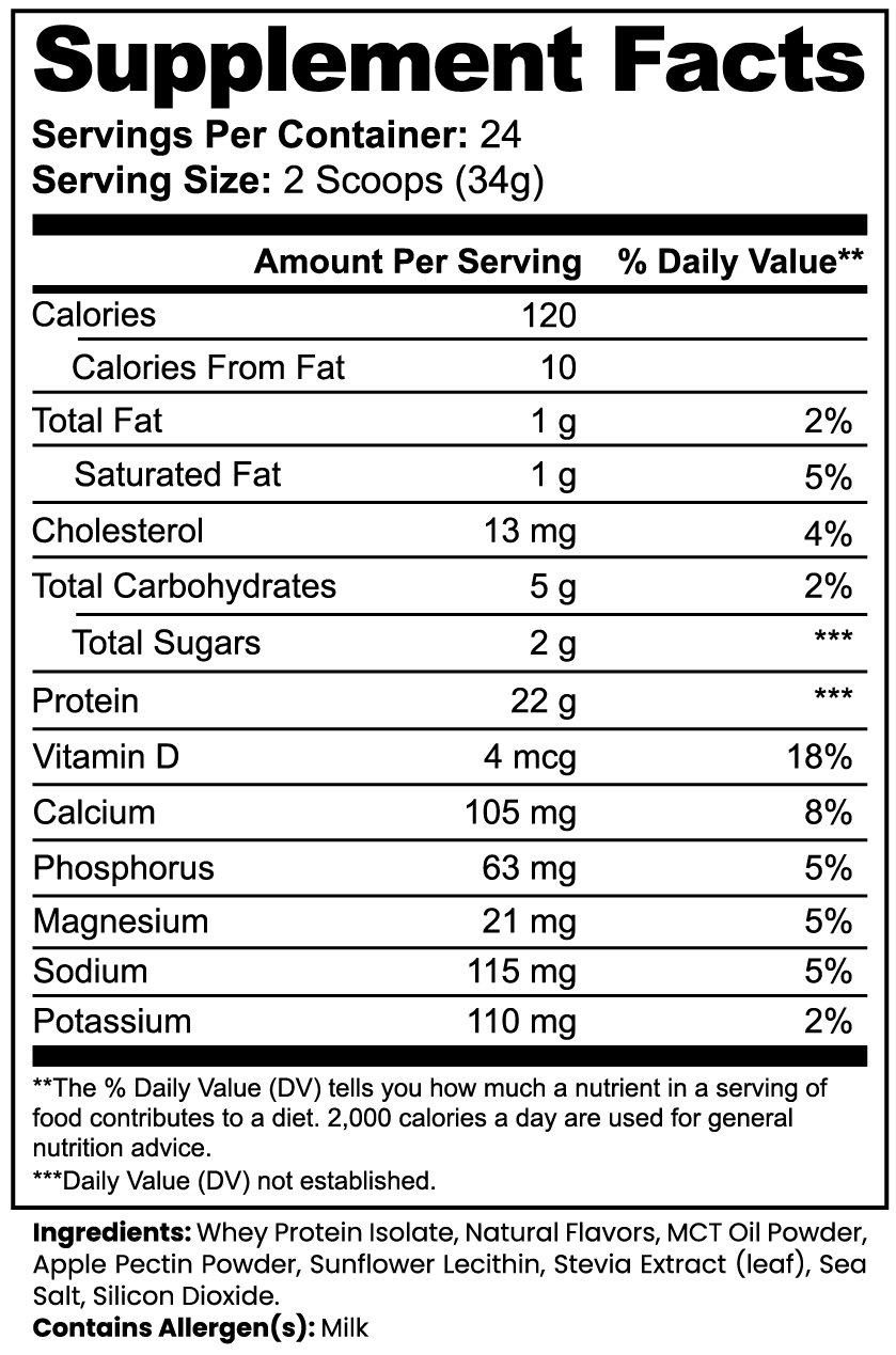Nutritional information for Advanced 100% Whey Protein Isolate, highlighting 22g protein per serving and important vitamins.