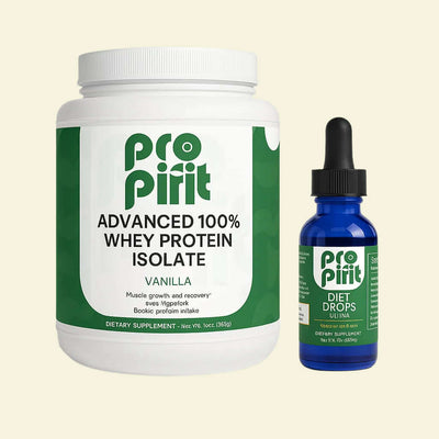 Pro Spirit vanilla whey protein isolate and diet drops, emphasizing purity for a healthy lifestyle.